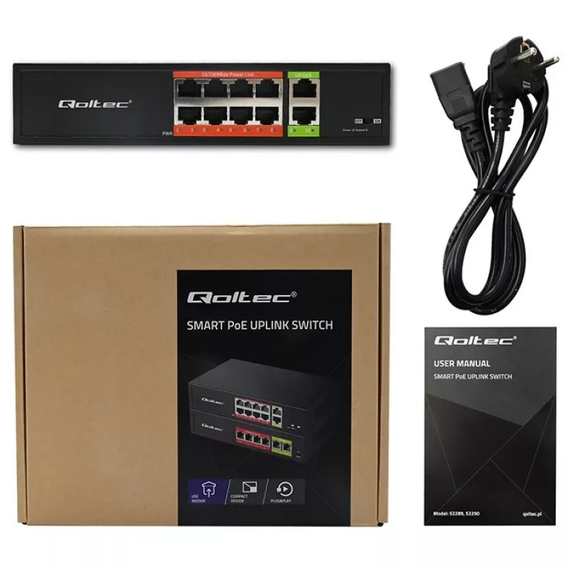 Switch di rete QOLTEC Fast Ethernet PoE 8xRJ45 con 2xRJ45 uplink