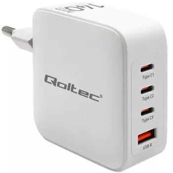 Caricabatterie QOLTEC 51828 140W GaN 3×USB‑C PD + 1×USB‑A QC 3.0 – caricabatterie rapido multiporta