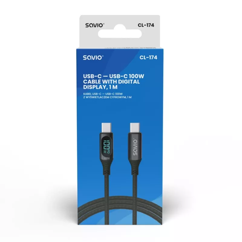 Savio CL-174 cavo USB-C - USB-C, 100 W, Power Delivery/Quick Charge, display digitale, 1 m, verde