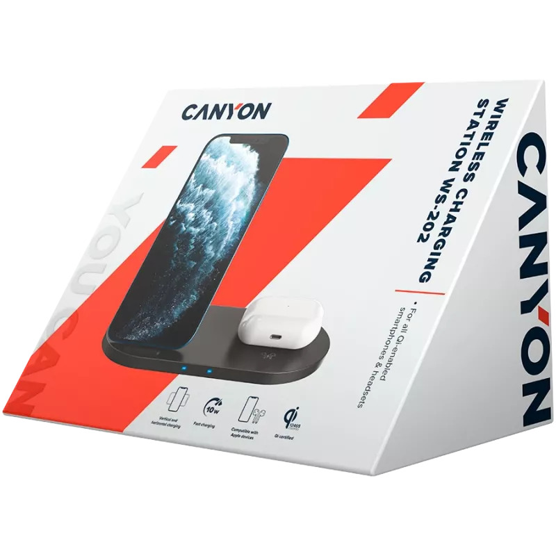 Caricatore docking station wireless 2in1 QI 10W/USB-C/LED nero