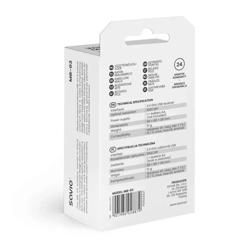 Savio MB-03 mouse ottico wireless, ricevitore USB 2,4 GHz, 1000 DPI, 3 pulsanti, batteria AA, 99x60x39 mm, 51 g, nero