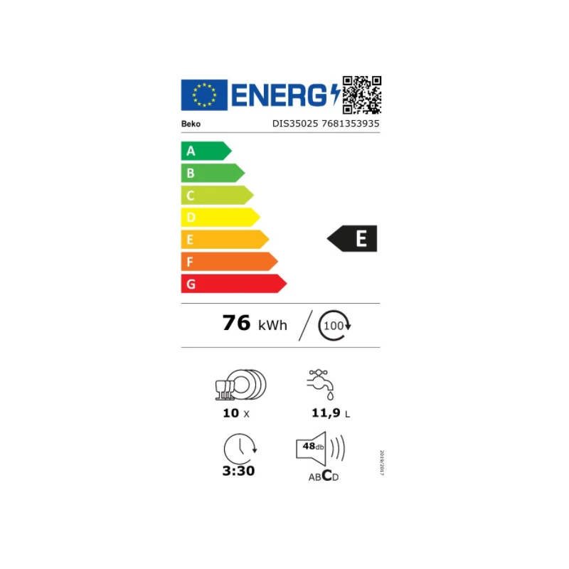 Lavastoviglie da incasso BEKO DIS35020, classe di efficienza energetica E, 45 cm, 5 programmi