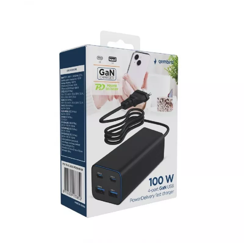 Gembird TA-UC-2A2C-PD100-01-BK caricabatterie per dispositivi mobili laptop, smartphone nero AC ricarica rapida indoor