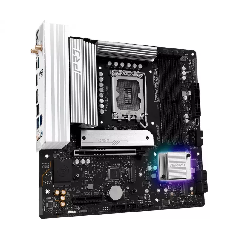 Scheda madre ASRock B860M Pro RS WiFi — Intel B860, LGA 1851, micro ATX, DDR5, 4 DIMM, 3x M.2, 2.5Gb LAN, Wi‑Fi, Bluetooth