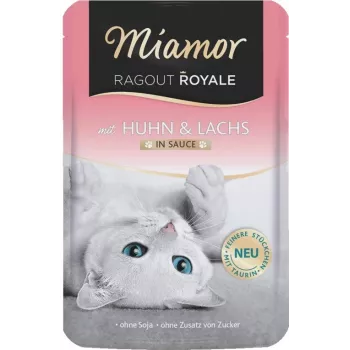 Cibo umido per gatti Miamor Ragout Royale pollo e salmone 100 g — senza cereali, senza soia, senza glutine