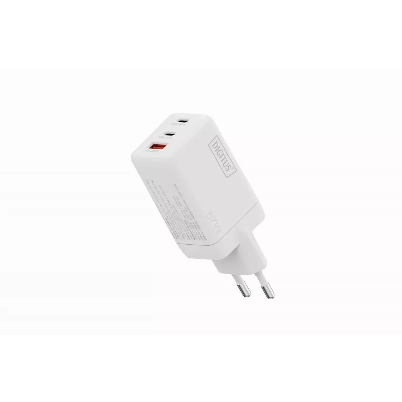 Caricabatterie da parete DIGITUS DA-10303 67W GaN, 2× USB-C + 1× USB-A, 100–240V, bianco