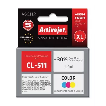 Cartuccia d'inchiostro ActiveJet AC-511R compatibile per Canon CL-511, a base colorante CMY, alta capacità (XL) 12 ml, confezione singola
