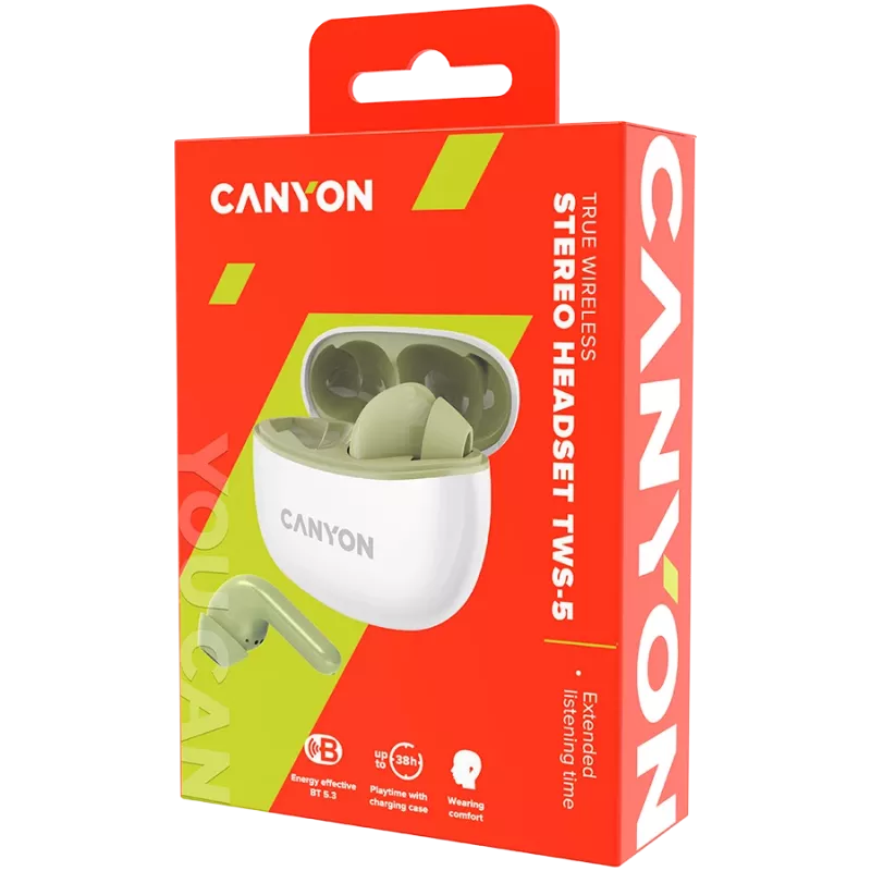 CANYON Cuffie In-Ear TWS-5, Verde Bluetooth 5.3, Controllo touch, Ingresso di ricarica: USB-C