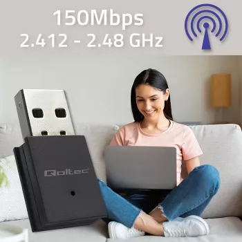Adattatore mini USB Wi-Fi wireless compatto QOLTEC 57007 – Single-Band 2,4 GHz, fino a 150 Mbit/s, antenna interna
