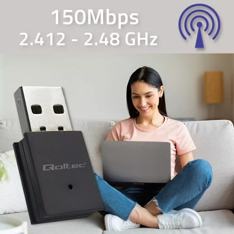 Adattatore mini USB Wi-Fi wireless compatto QOLTEC 57007 – Single-Band 2,4 GHz, fino a 150 Mbit/s, antenna interna