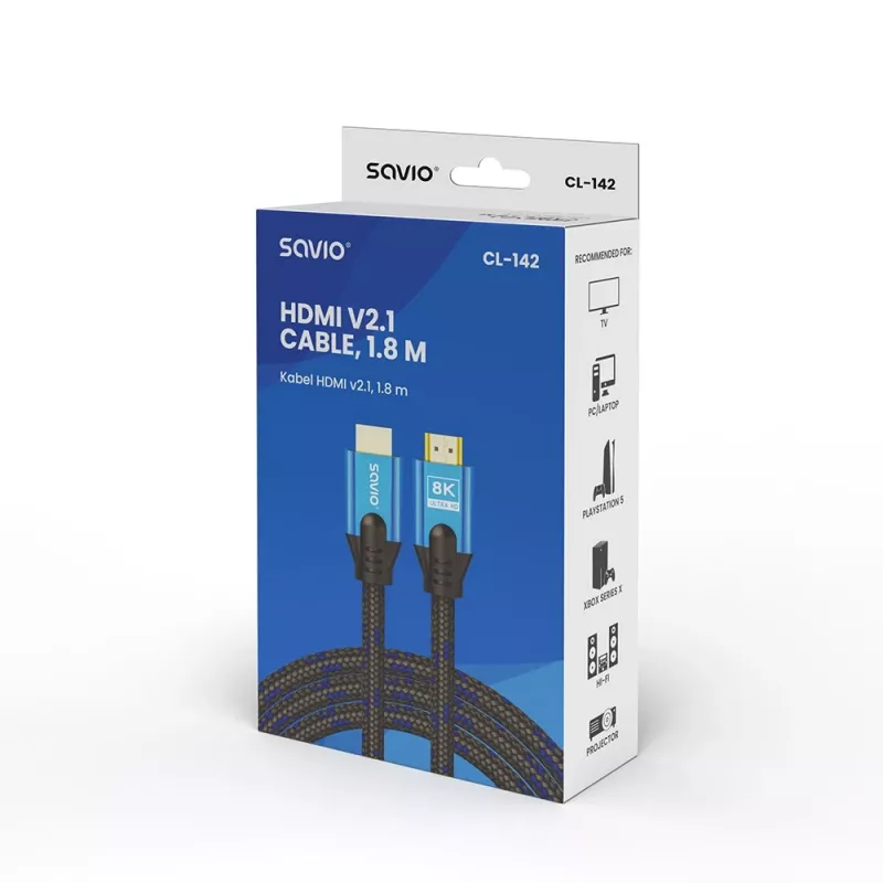 Cavo HDMI Savio CL-142 v2.1 1,8 m, HDMI Type-A maschio–maschio, contatti dorati, nero/blu