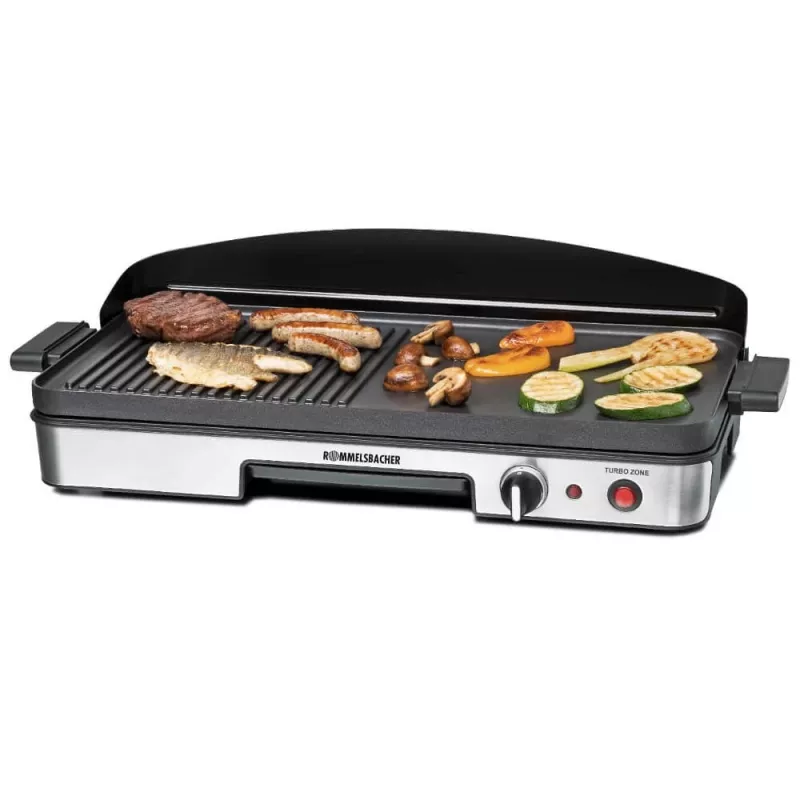 Griglia elettrica da tavolo Rommelsbacher BBQ 2003 — 1900 W, 50×25 cm, rigata + teppanyaki, termostato continuo, argento/nero