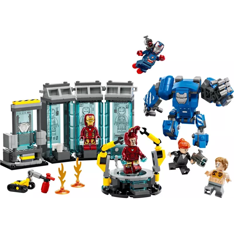LEGO Marvel Iron Man Laboratorio Armeria 76315 set di gioco – 384 pezzi, 5 minifigure, area espositiva
