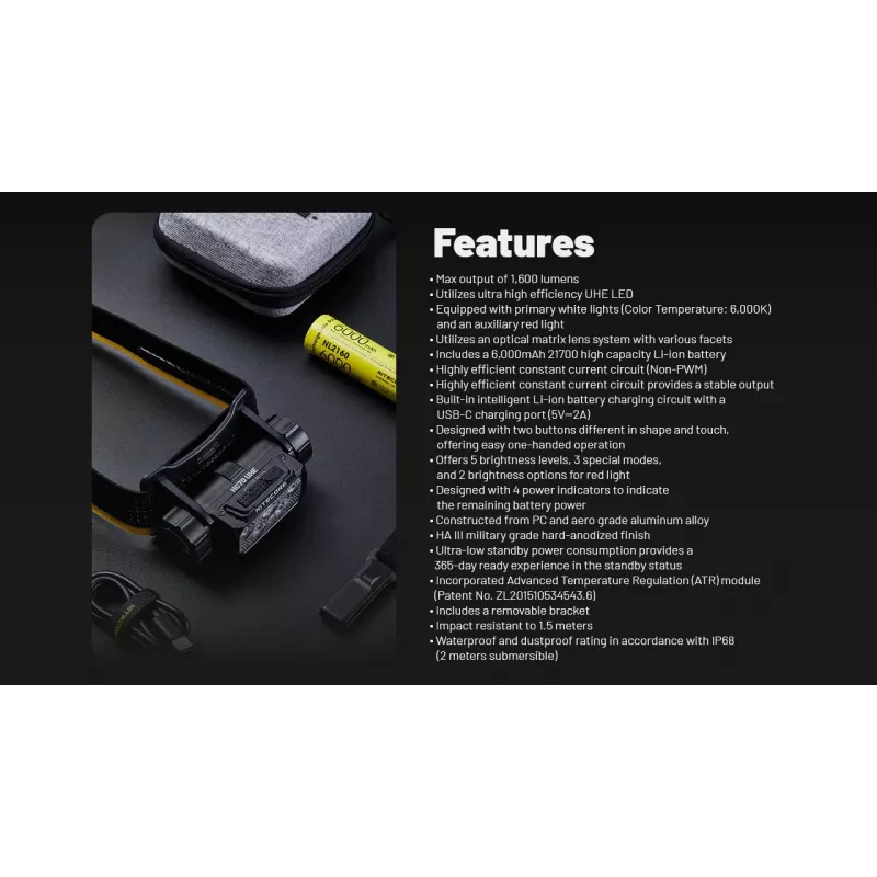 Nitecore HC70 UHE torcia frontale, 1600 lm, 6 LED, IP68, ricaricabile via USB, alluminio, 172 g, nera