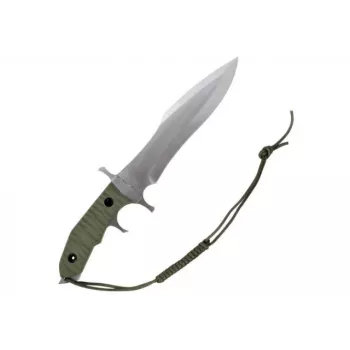 Coltello a lama fissa Cinema Classic CC-H5 Rambo V — coltello da sopravvivenza, lama in acciaio 230 mm, lunghezza totale 385 mm, manico in polimero verde, fodero in pelle