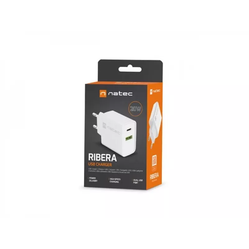 Caricabatterie rapido da parete NATEC RIBERA 12V 20W USB-C PD 3.0 + USB-A Samsung AFC bianco
