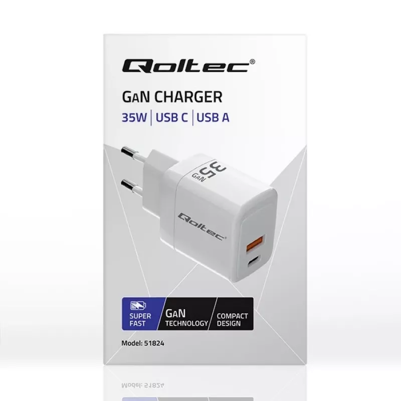 Caricabatterie QOLTEC 51824 GaN 35W USB-C PD & USB QC 3.0, 5–20V, 1x USB-C, 1x USB-A