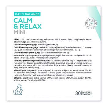 Integratore calmante VETEXPERT Calm&Relax Mini — 30 capsule per cani piccoli e gatti, 100 g, senza zucchero, senza glutine