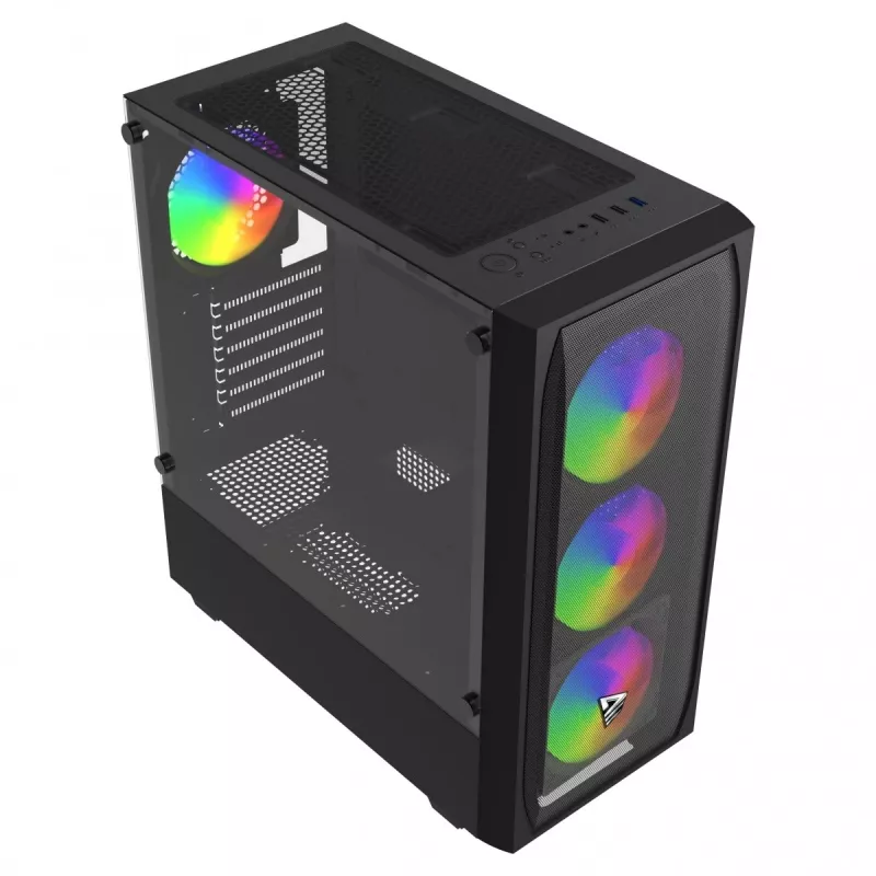 Case PC SAVIO Noctis Flow RGB — Cube, ATX/Mini-ITX, 3x ventole frontali da 120 mm, pannello laterale in vetro temperato, GPU max 35 cm