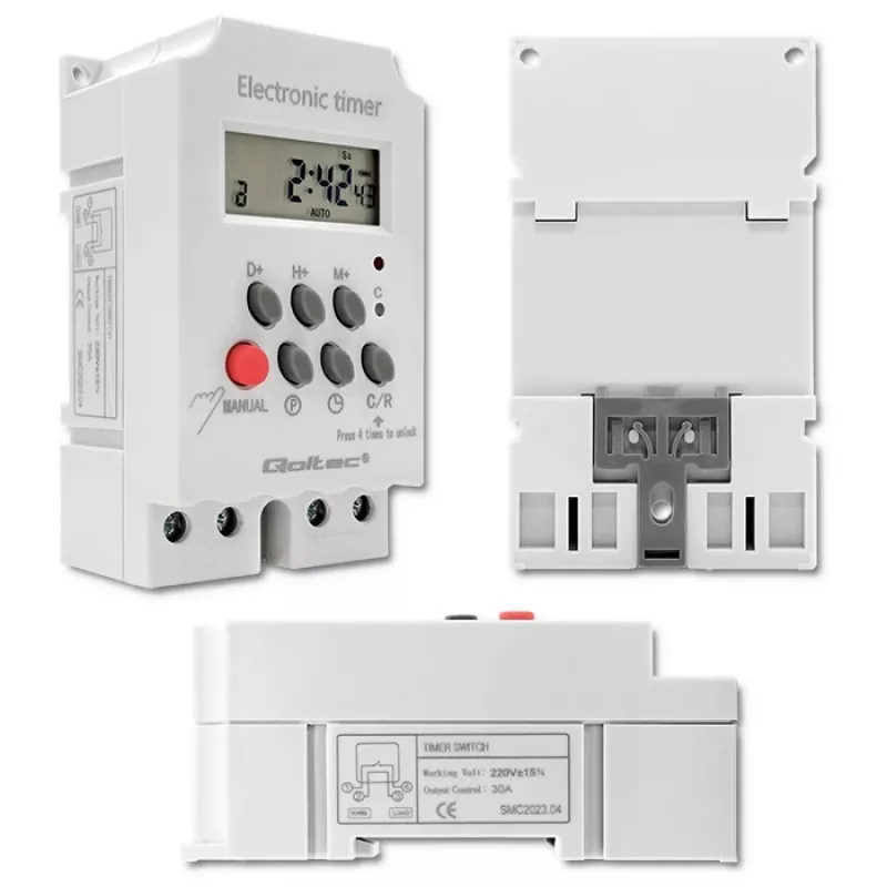 Timer elettronico per guida DIN QOLTEC PC0629 — alimentazione 24V, uscita 16A