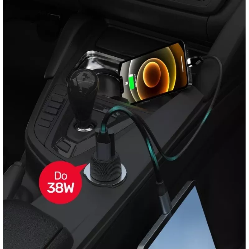 Caricabatterie da auto Unitek P1400A con USB-C e USB-A, 38W, Quick Charge 3.0, ingresso 12–24V, nero