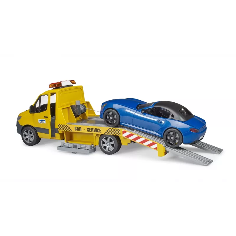 Bruder MB Sprinter trasportatore di auto con modulo luci e suoni, arancione/blu, roadster incluso