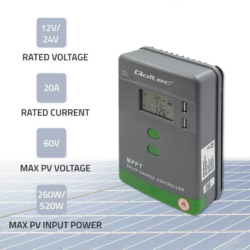 Qoltec, Regolatore di carica solare MPPT con sensore di temperatura 20A 12V/24V display LCD 2 X USB