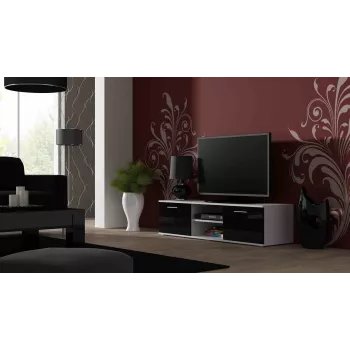 Supporto TV cama meble SOHO 140 – 1400×430×370 mm, piano superiore bianco, truciolare, struttura bianca, frontali nero lucido