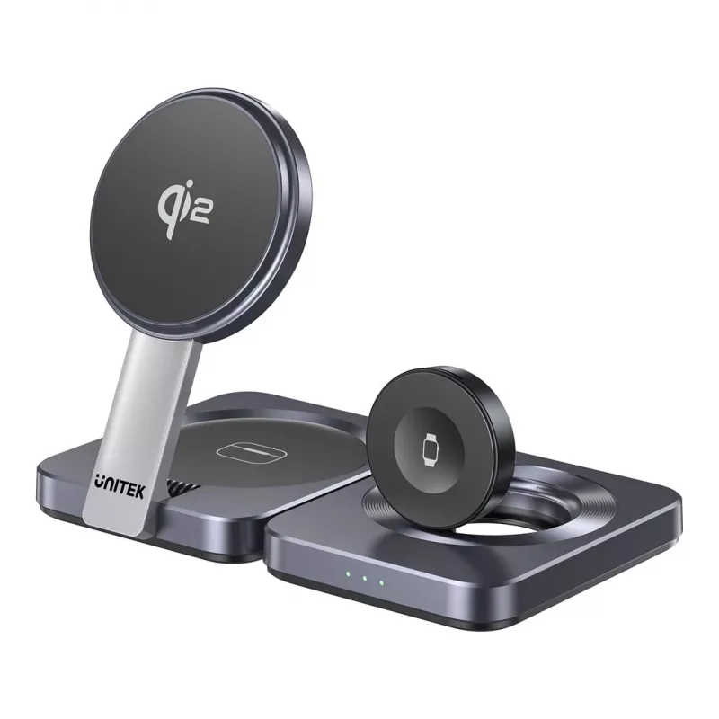 Stazione di ricarica wireless pieghevole 3 in 1 UNITEK P1300AGY01 Qi2 15 W, grigio