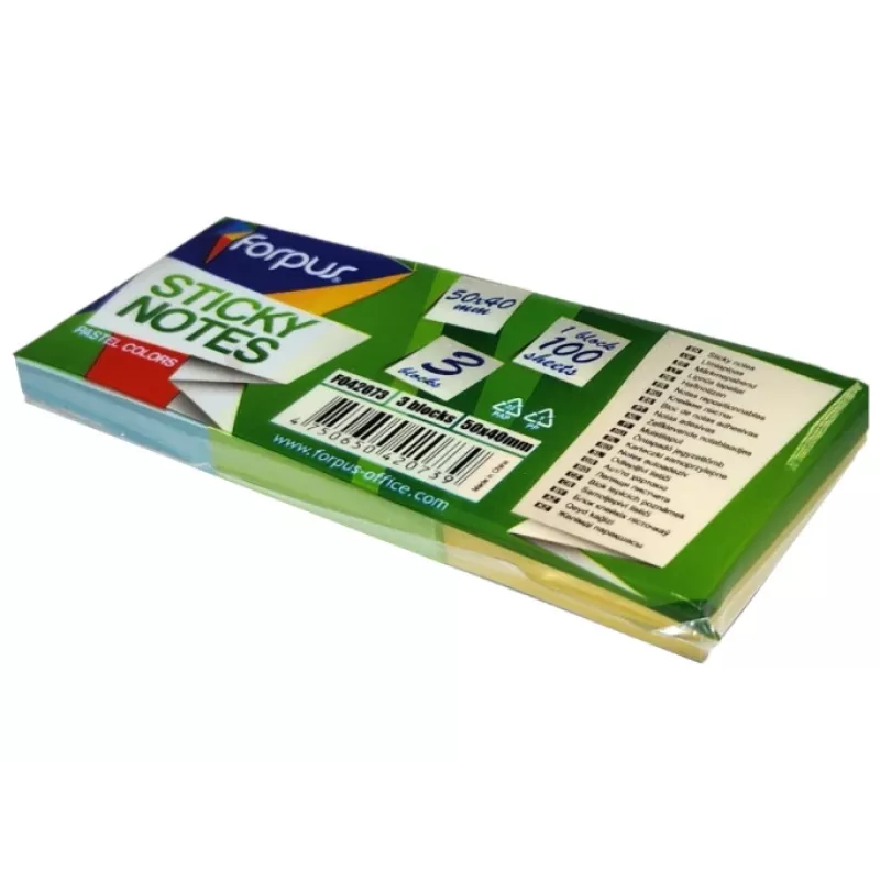 Note adesive FORPUS FO42073, 40×50 mm, 3 colori pastello, blocco