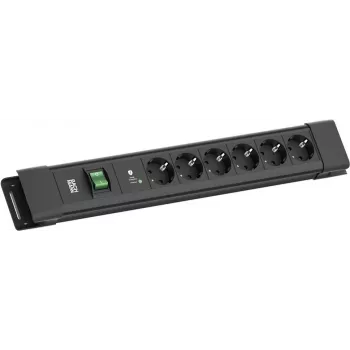 Ciabatta Bachmann CONNECTUS con 6×CEE 7/3, 1×SPD-Plus protezione sovratensione, 1×interruttore, cavo 2,0 m, nero