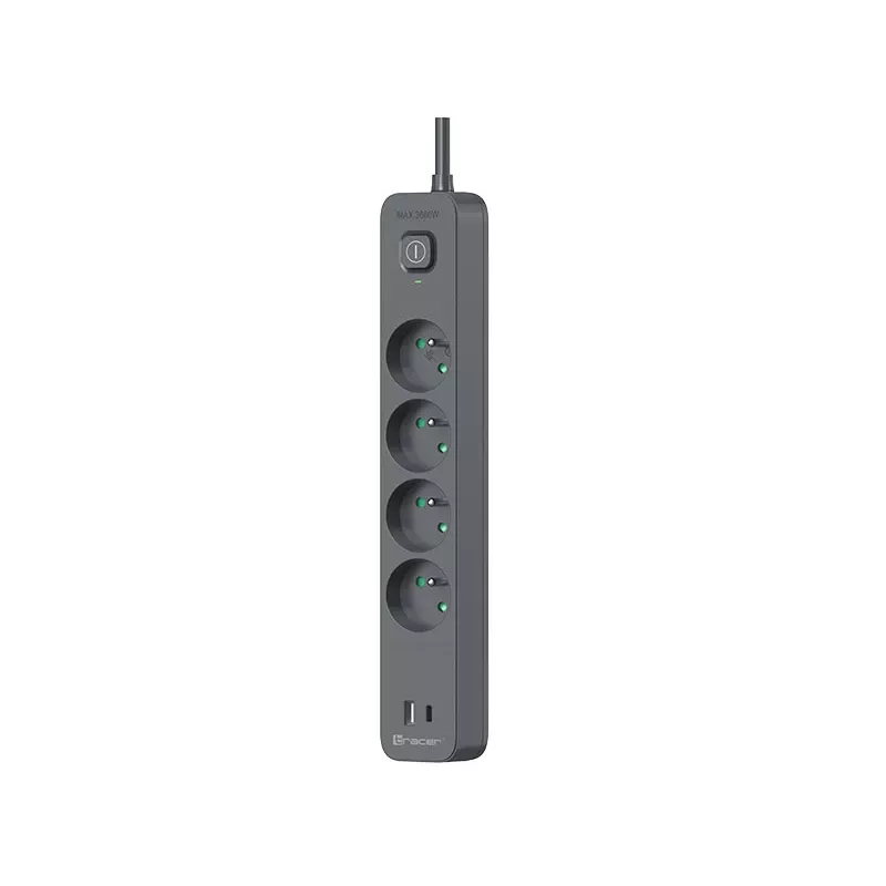 Tracer Power Line+ TRALIS47026 ciabatta, 4 prese, USB-A + USB-C PD 18 W, 1,5 m, grafite