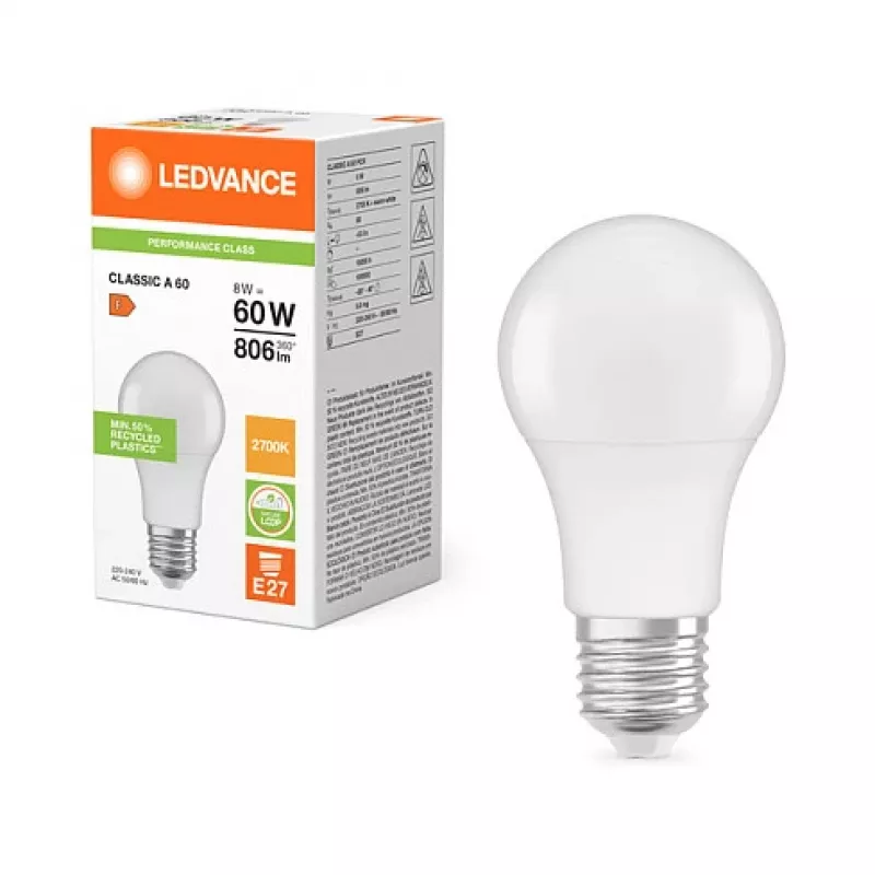 Ledvance LEDV lampada LED 8,5-60W/827 806lm E27 opaca 200° 15000h EEK F