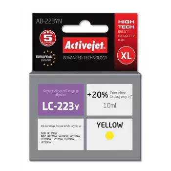 Cartuccia d'inchiostro ActiveJet AB-223YN giallo, compatibile per Brother, a base di colorante 10 ml, resa alta (XL), confezione singola