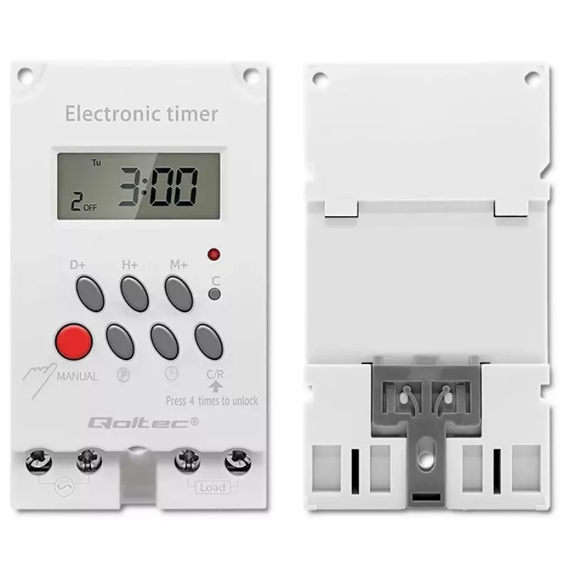 Timer elettronico per guida DIN QOLTEC PC0629 — alimentazione 24V, uscita 16A