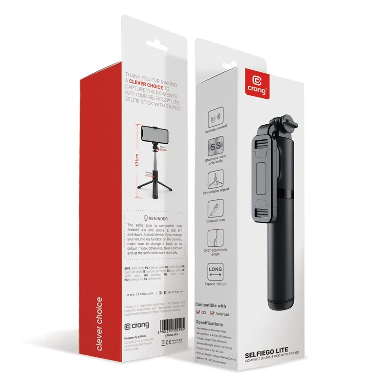 SelfieGo selfie stick compatto treppiede Bluetooth (20-101 cm) Crong CRGSGL1B