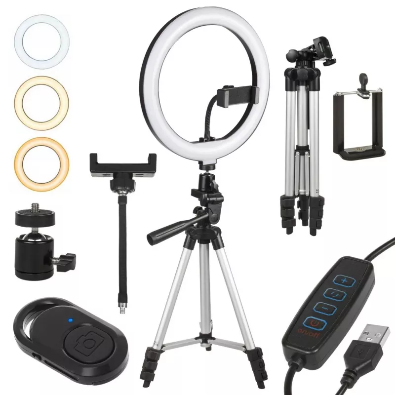 Maclean MCE610 10 Ring Light LED 12W con treppiede e trigger Bluetooth, 3 colori, 10 livelli di luminosità, luminosità regolabile 10% -100%, 160 LED, supporto smartphone, luce di illuminazione