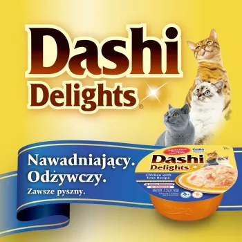 Snack per gatti INABA Dashi Delights pollo e tonno in brodo, 70 g busta, senza cereali, senza glutine, senza soia
