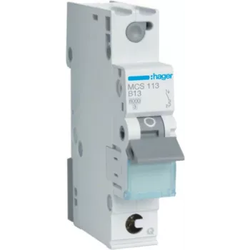 Hager MCS113. Corrente nominale: 13 A, frequenza di rete: 50/60 Hz. Curva di intervento: C, unità modulari (max): 1 modulo. Larghezza: 17,5 mm, profondità: 70 mm, altezza: 83,4 mm (MCS113)