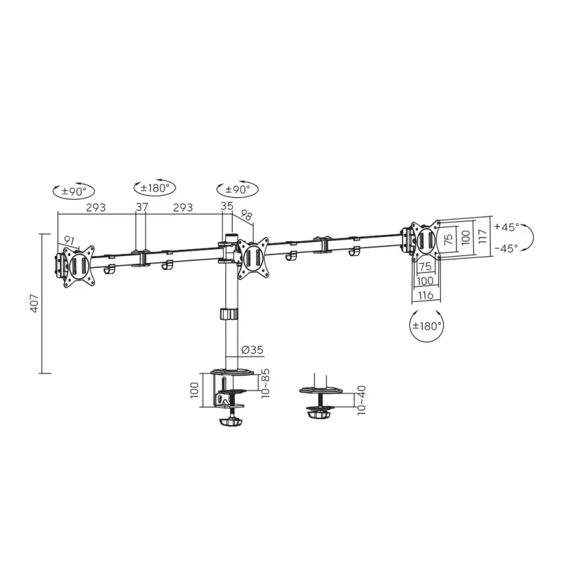 Supporto per monitor SBOX LCD-352/3-2 per schermi 13–27 pollici, 3 bracci, max 9 kg per braccio, VESA 100x100