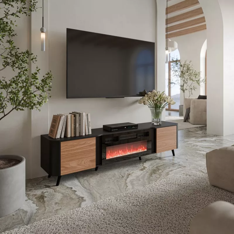 Mobile TV Cama Meble Volare 200 x 39 x 49 cm nero/noce con camino