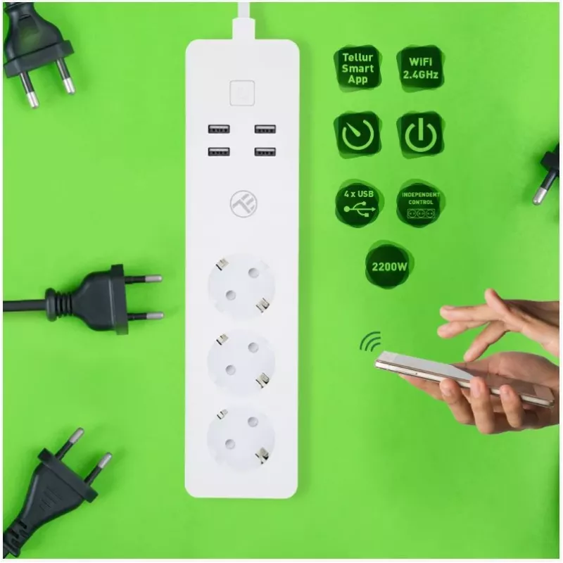 Ciabatta smart Wi-Fi Tellur con 3 prese AC e 4 porte USB (4A)