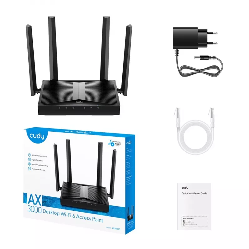 Access point wireless Cudy AP3000D dual band 2,4/5 GHz, 2402 Mbps (5 GHz), 574 Mbps (2,4 GHz), 4 antenne esterne, 1x LAN