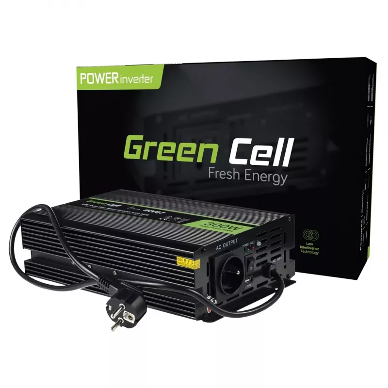 Convertitore di tensione Green Cell INV07, DC 12 V a AC 230 V, 300 W, 50 Hz, connettore Type-C, nero