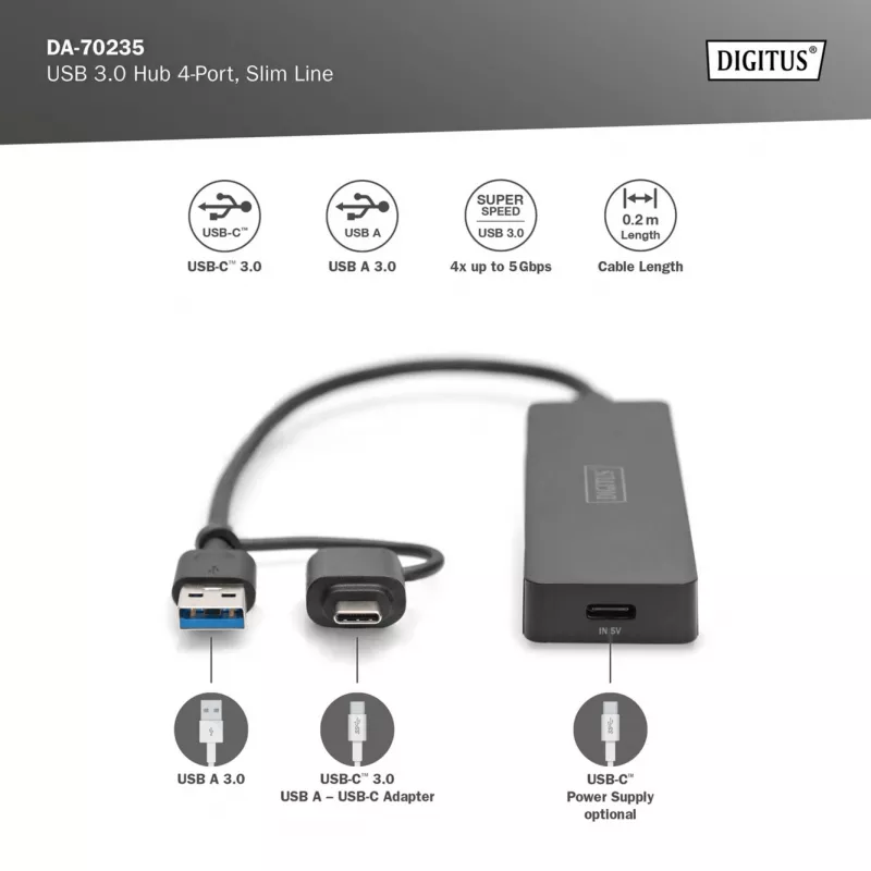Hub USB, Digitus, DA-70235, 4 porte, USB 3.2 Gen 1, Type-A e Type-C, 12000 Mbit/s