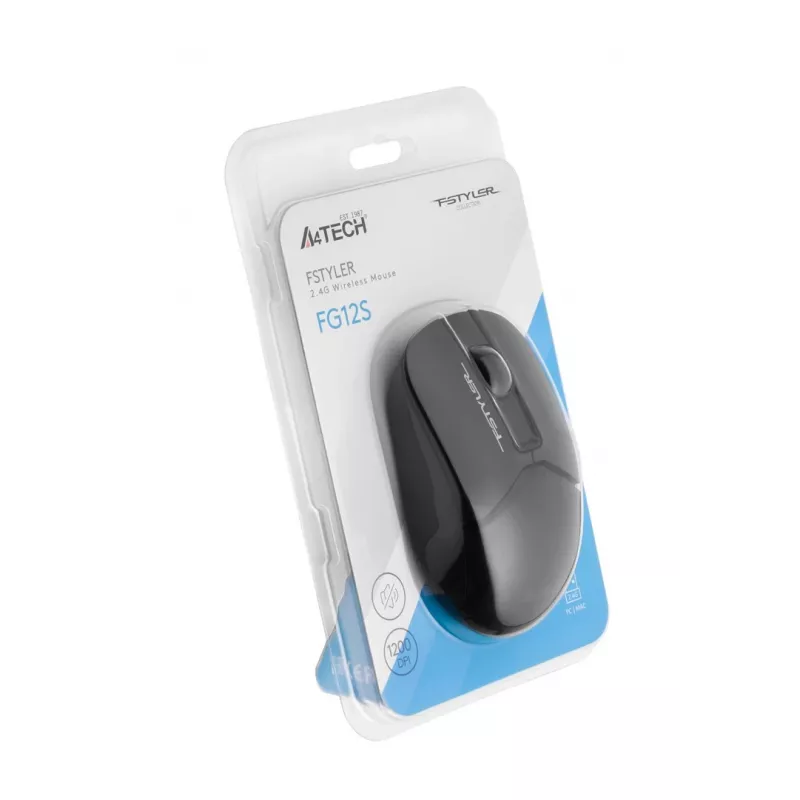 Mouse ottico wireless A4Tech FM12S nero — 1200 dpi, ricevitore RF nano, 3 tasti, batteria AA