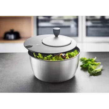 Centrifuga per insalata GEFU Rotare acciaio inox, azionamento a manovella, 3 L, corpo in acciaio inox, rotonda