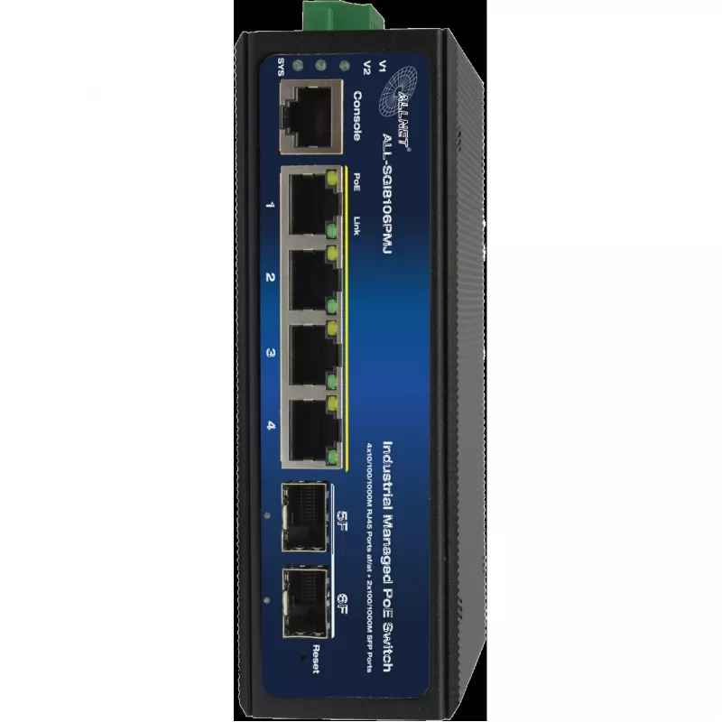 Switch PoE industriale ALLNET ALL-SGI8106PMJ-BT — 6 porte (4 PoE+), case in metallo robusto
