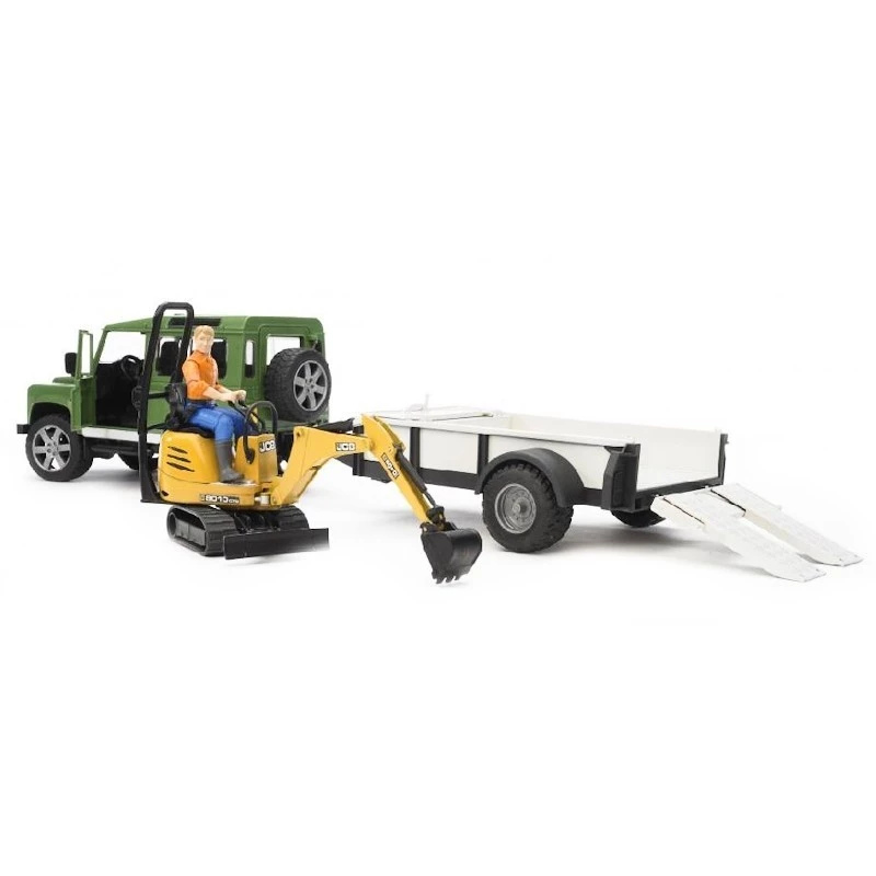 BRUDER Land Rover Defender con rimorchio CAT e uomo veicolo giocattolo