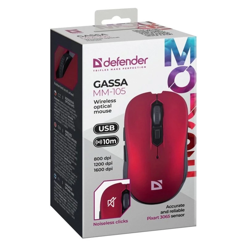 Mouse RF silenzioso wireless DEFENDER Gassa MM-105 — ambidestro, 1600 DPI, 2,4 GHz, ricevitore nano USB